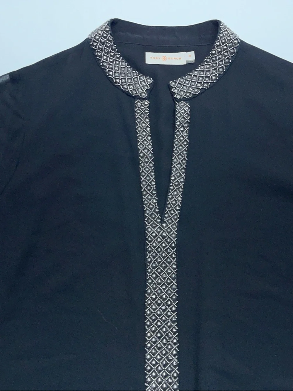 Tory Burch Silk Blouse Womens Size 10 Black Embellished Long Sleeve Front Lined